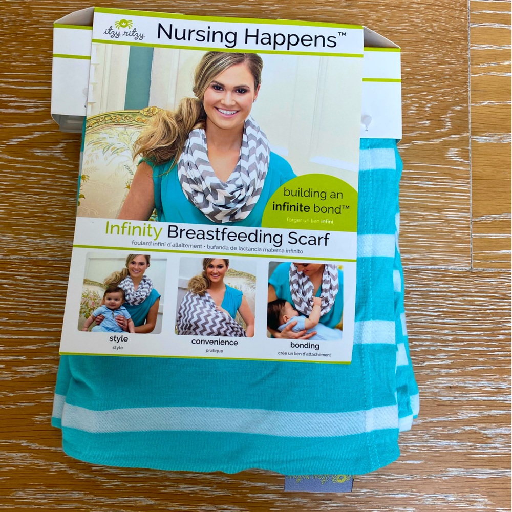 Brand new Itzy Ritzy Infinity Nursing Scarf - turquoise blue and white.